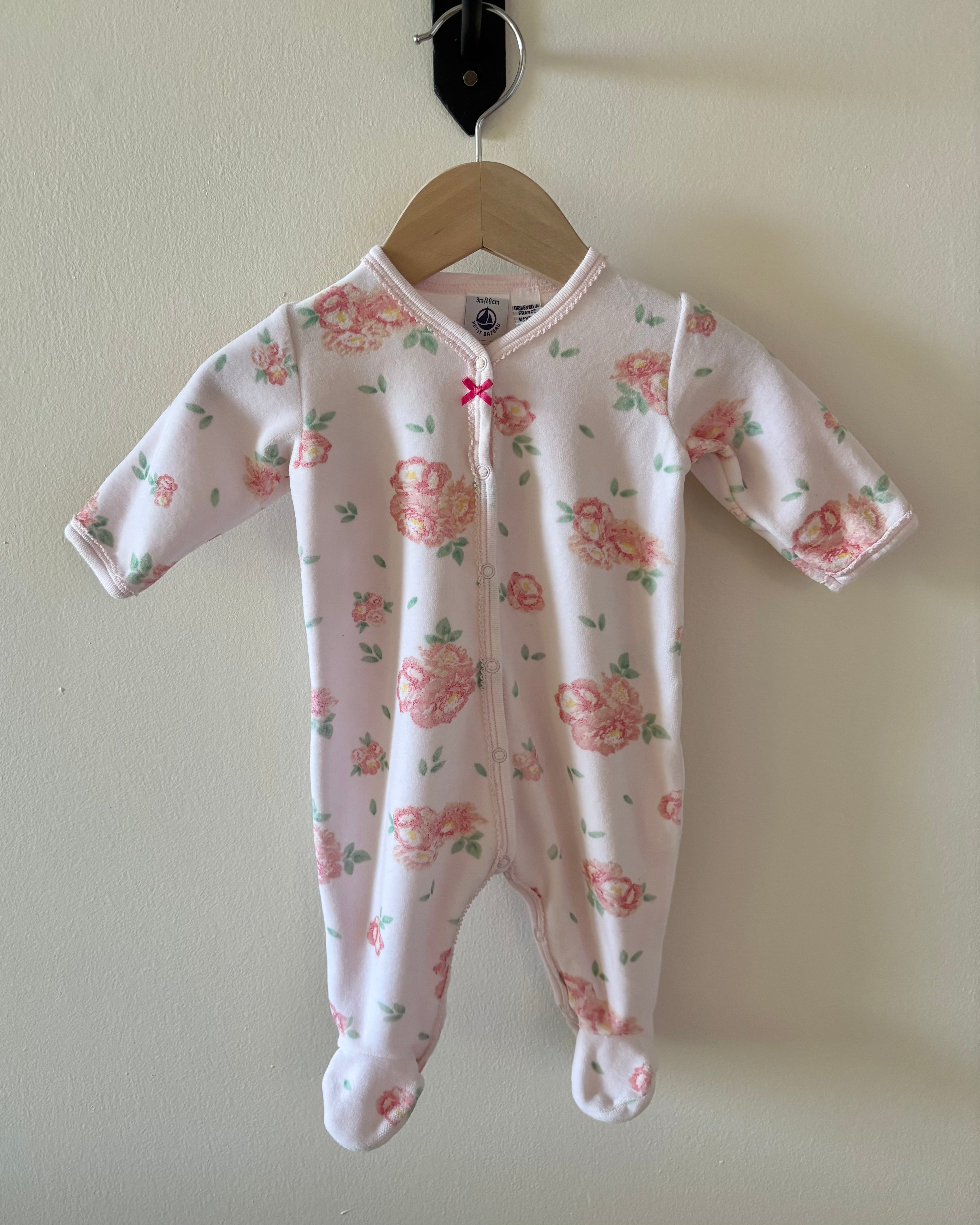 Petit Bateau - Floral Pink Velour Onsie 0-3M